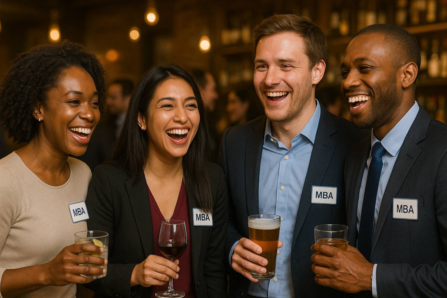 Group of international MBA students laughing, made possible thanks to the briujo method's GRE and GMAT prep courses