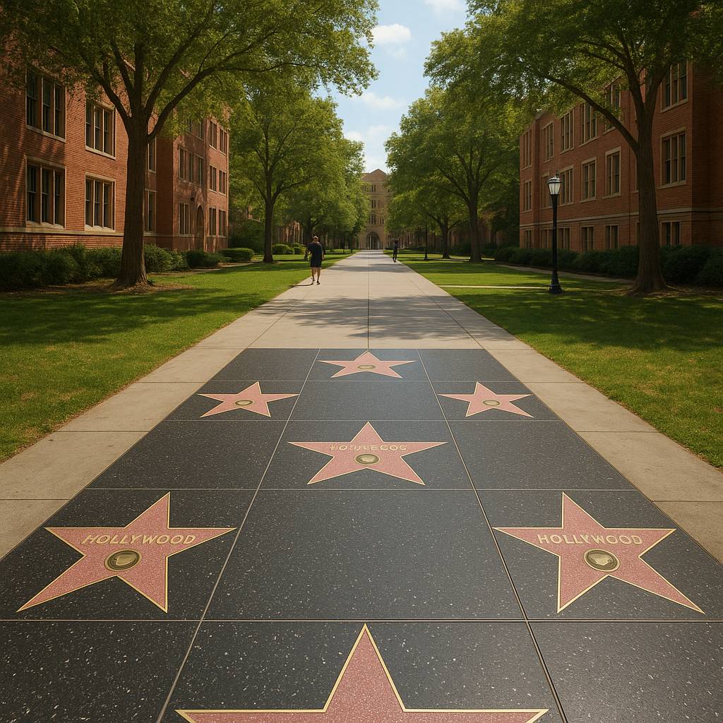 The Hollywood walk of fame merging into a university campus walkway. Made possible by the brujo method's GMAT and GRE prep courses