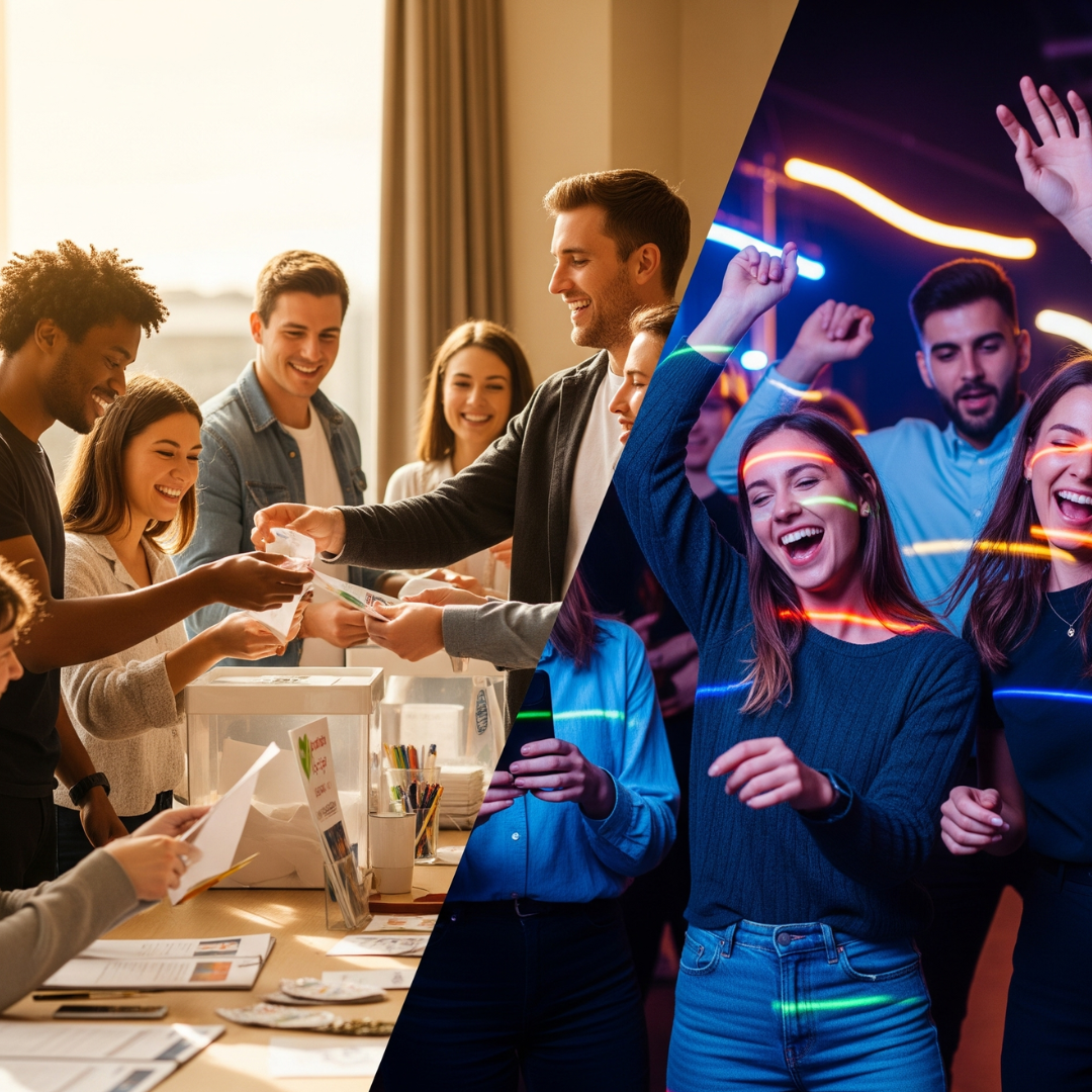 A split-scene concept: one half showing MBA students handing over donations or fundraising, the other half showing the same group dancing, partying, or enjoying a neon-lit night event. Which is possible thanks to the Brujo Method's GMAT and GRE test prep courses