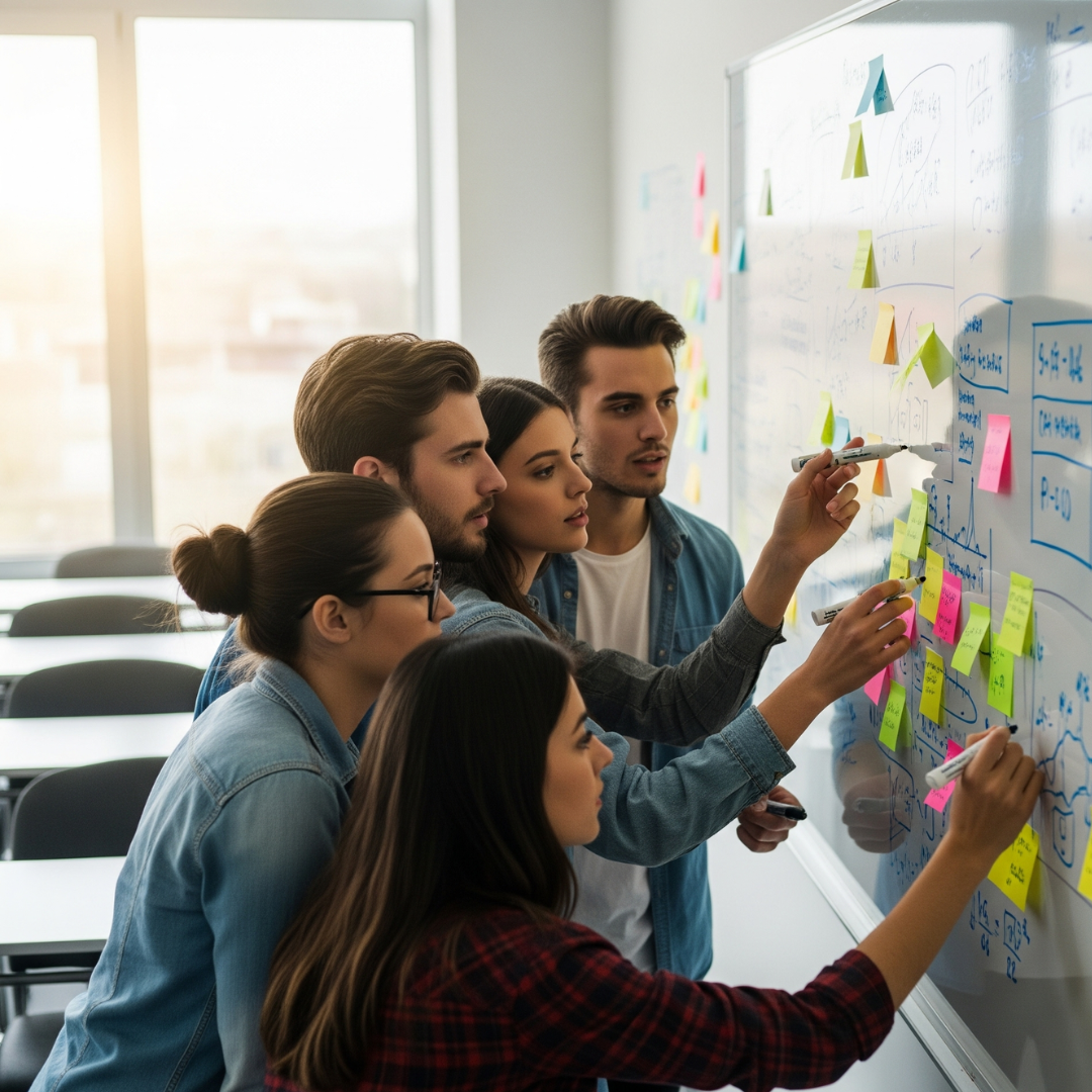 MBA Students huddled around a whiteboard full of scribbles, charts, and sticky notes. Which was possible thanks to the Brujo Method's GRE and GMAT prep courses