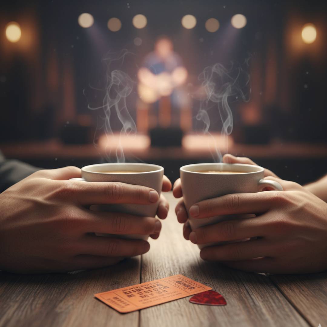 A close-up of two hands holding coffee cups over a table, with a concert ticket or guitar pick beside them. Symbolic of teacher and MBA student becoming friends. Possible thanks to the Brujo Method's GRE and GMAT prep courses