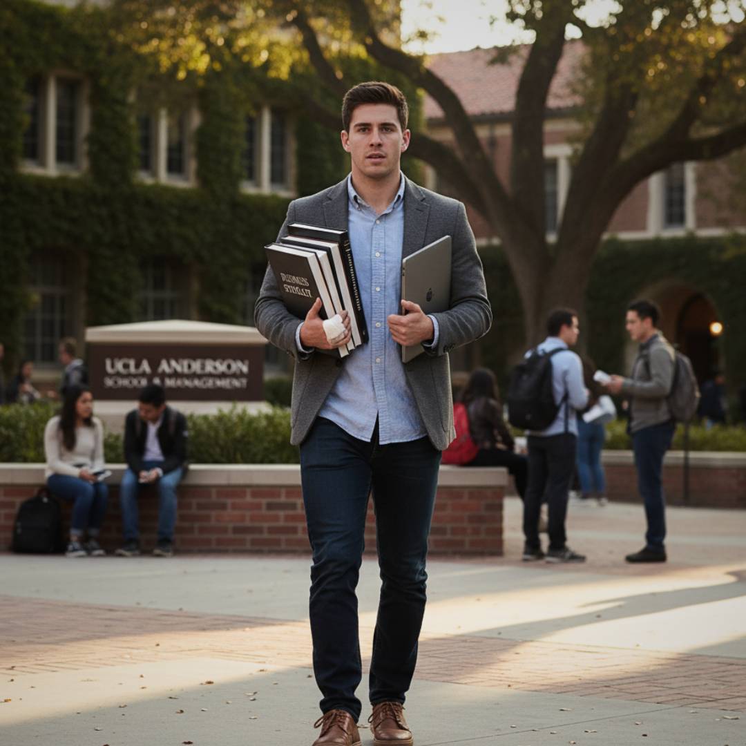 Man walking through UCLA, made possible thanks to the Brujo Method's GRE and GMAT preparation classes