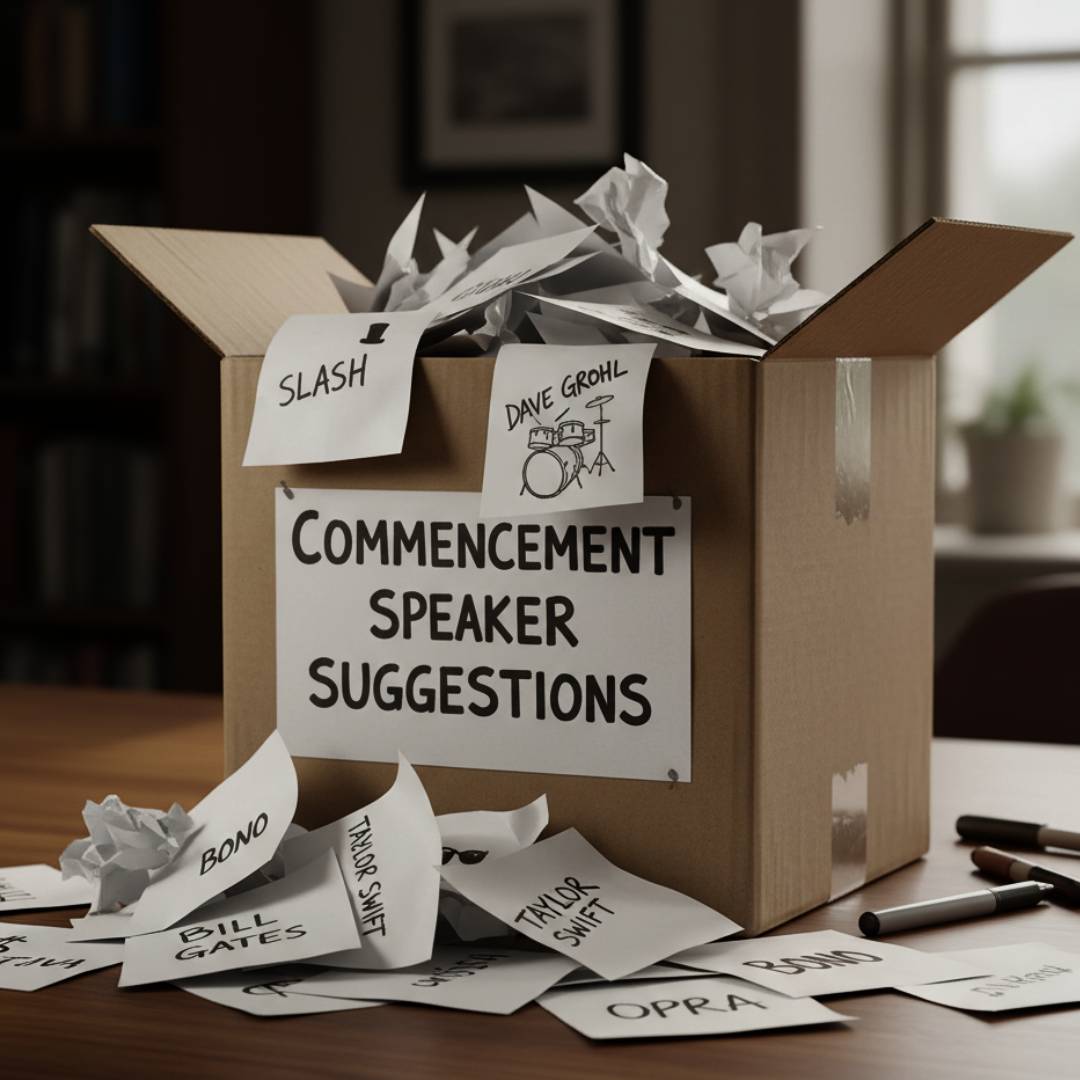 A box labeled Commencement Speaker Suggestions spilling out papers with doodled names like “Slash,” “Dave Grohl,” “Bono,” etc.